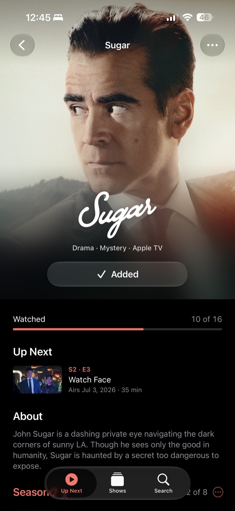 Up Next app: a show detail page with watch progress and the next episode